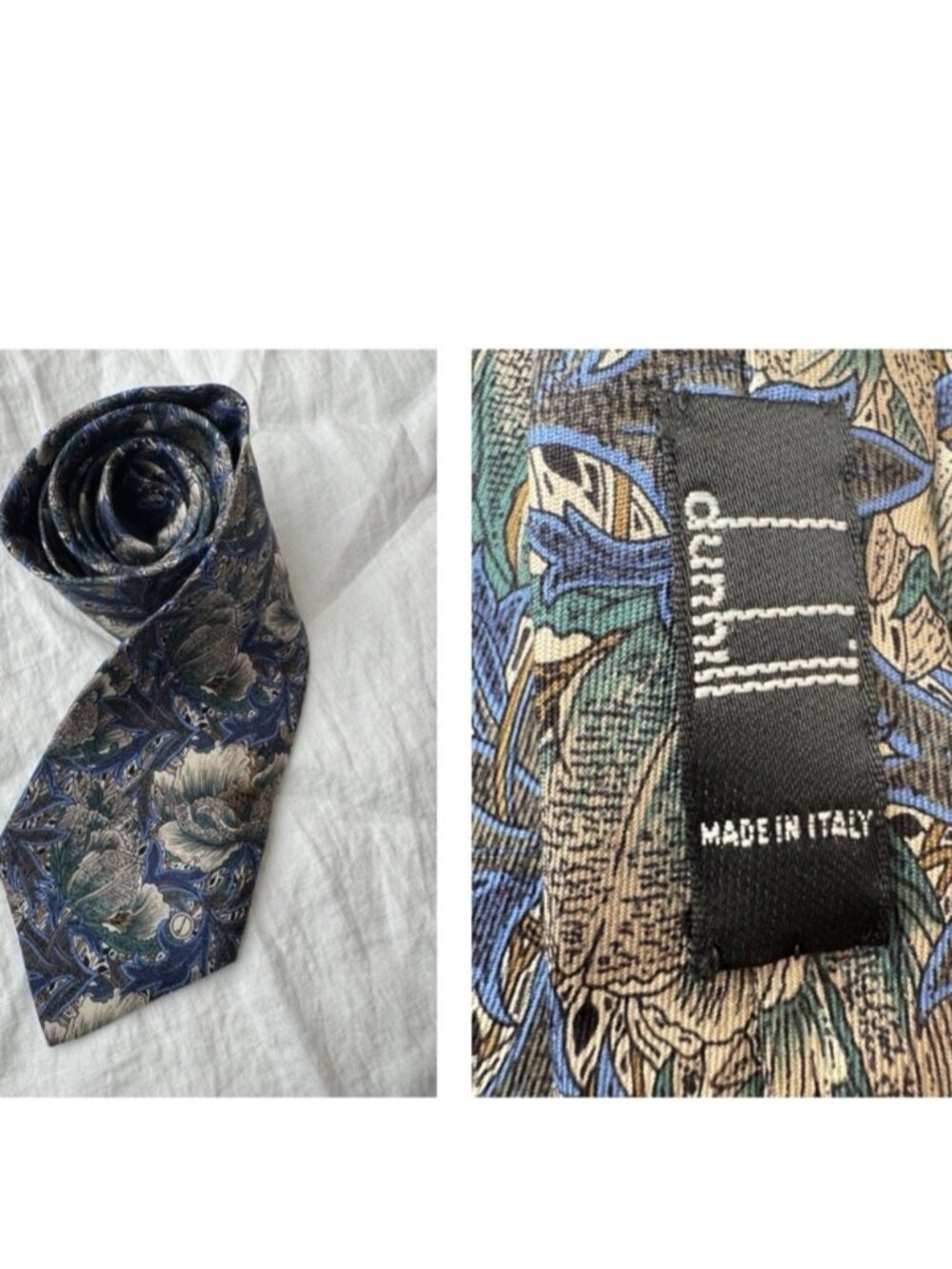 Italian Silk Tie Dunhill Blue Floral Paisley Wedding Guest Groom Formal 56”